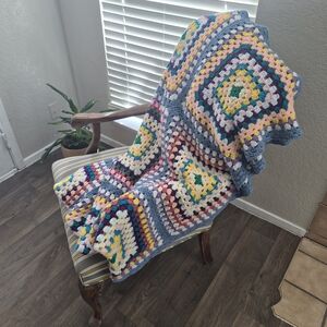 Handmade Crochet Granny Square Blanket Extra Large Boho Cottagecore Throw 53x93